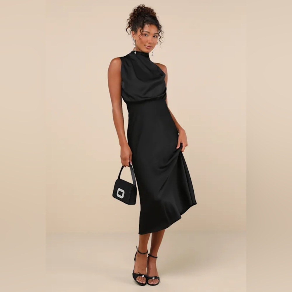 NWT Lulus Distinctive Charm Black Satin Asymmetrical Midi Dress – Size S